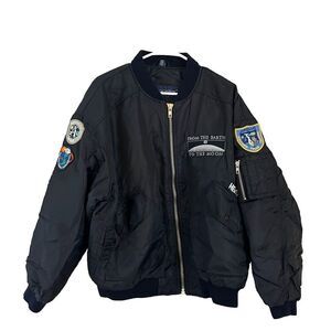 Vtg Swingster Mens Black Satin Bomber Jacket XL Moon HBO Apollo Patches Zipped